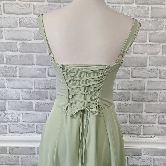 Parthea Ruched Bust Split Thigh Cami Dress Corset Tie Back NEW Sm Cottage Fairy - Picture 3 of 10